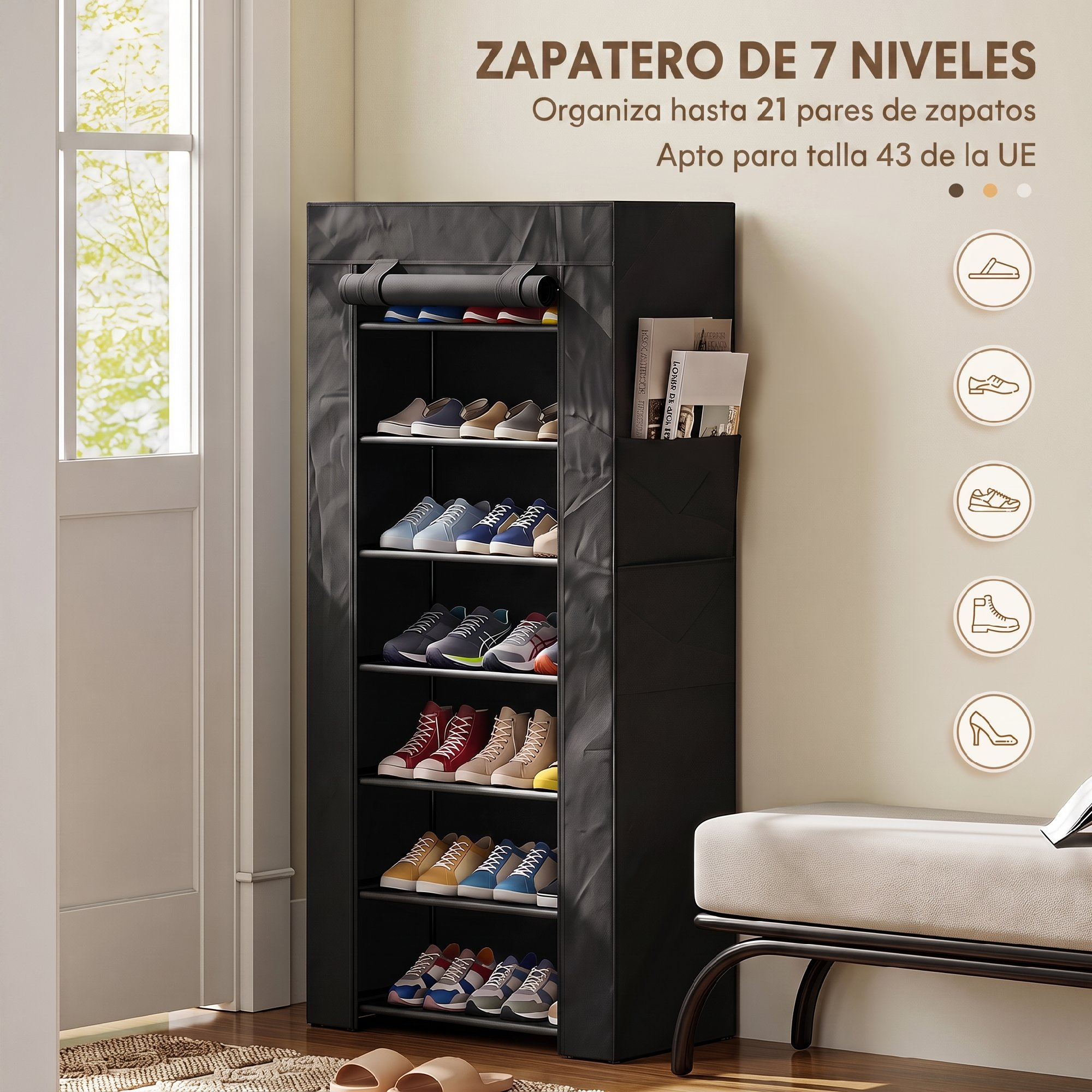 Un zapatero negro de 7 niveles lleno de varios zapatos se encuentra en un pasillo luminoso.