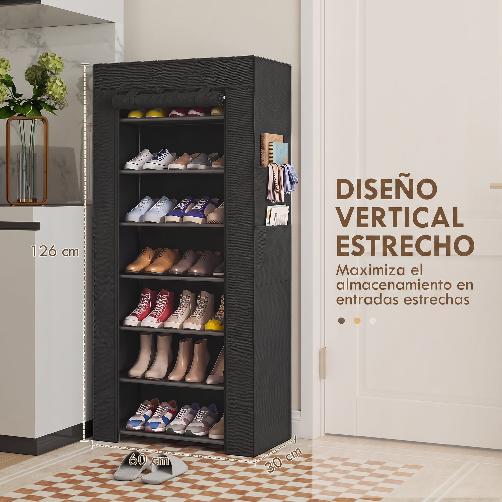 Un zapatero de tela negro alto con múltiples estantes en un pasillo junto a texto y medidas.