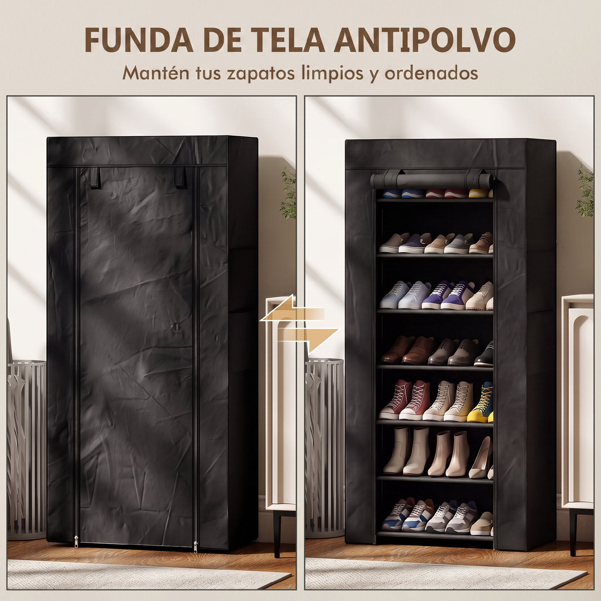 Zapatero de tela negro con cremallera, mostrado cerrado y abierto lleno de zapatos.