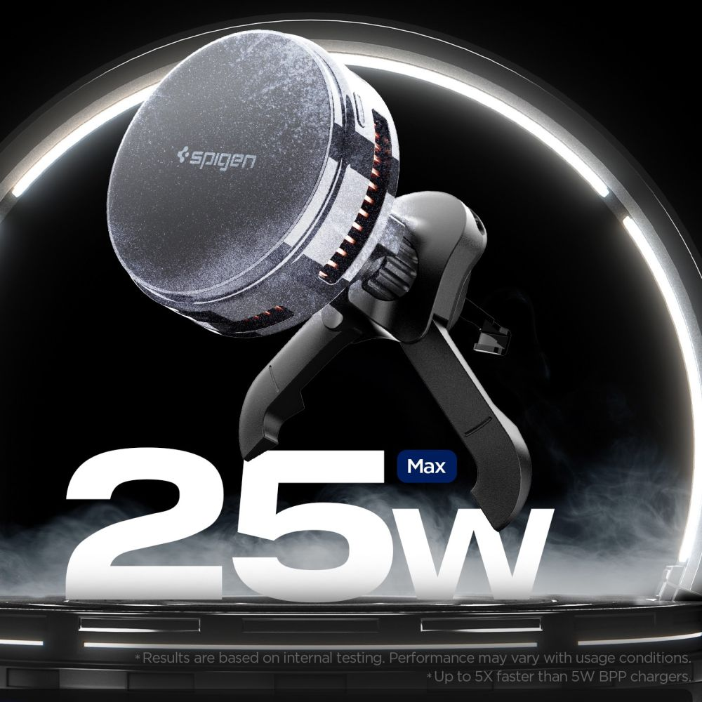Supporto per caricabatterie da auto Spigen da 25 W su sfondo luminoso e foschia.