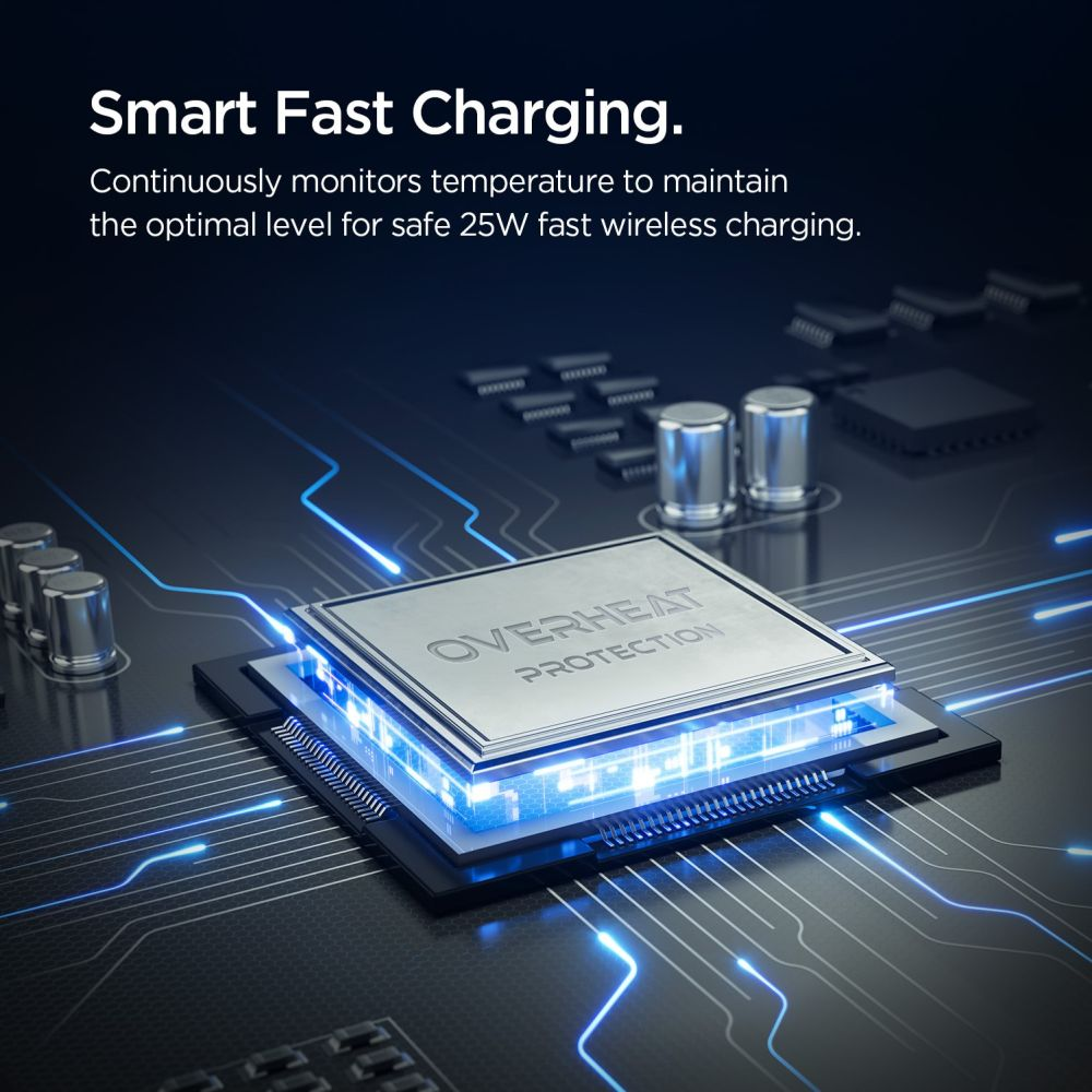 Un chip di computer su una scheda con luce blu e testo Smart Fast Charging e Overheat Protection.