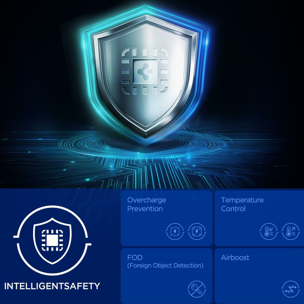 Scudo lucido con icona di chip, circondato da luce blu, con icone di sicurezza sullo sfondo.