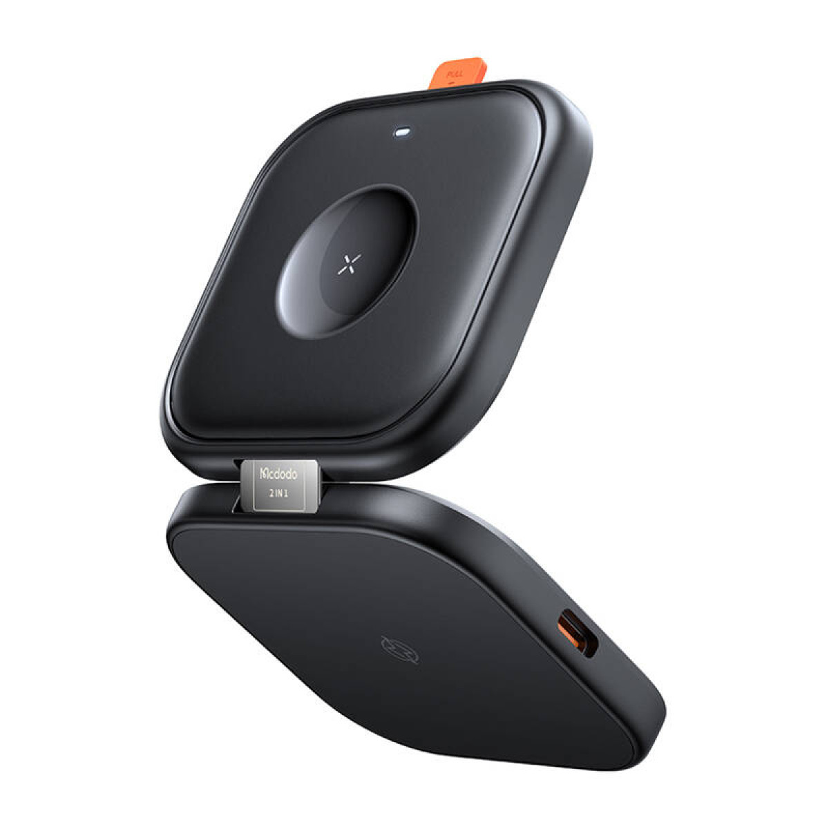 Un caricabatterie wireless pieghevole nero Mcdodo 2 in 1 è mostrato su uno sfondo bianco.