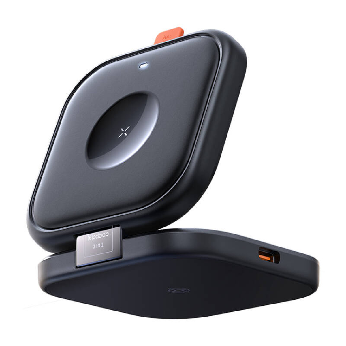 Un caricabatterie wireless nero 2 in 1 con supporto pieghevole e linguetta arancione su sfondo bianco.