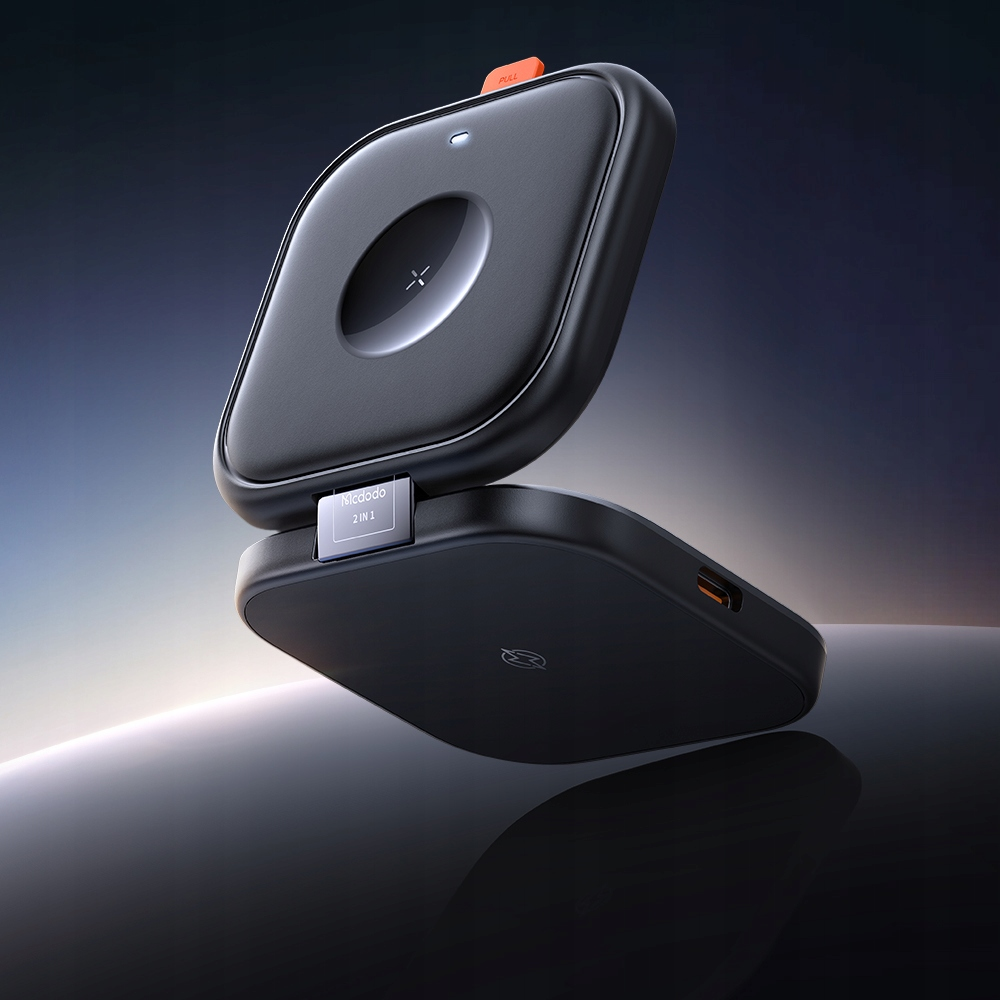 Un caricabatterie wireless 2 in 1 pieghevole nero con basi di ricarica rotonde e dettaglio arancione su sfondo scuro.
