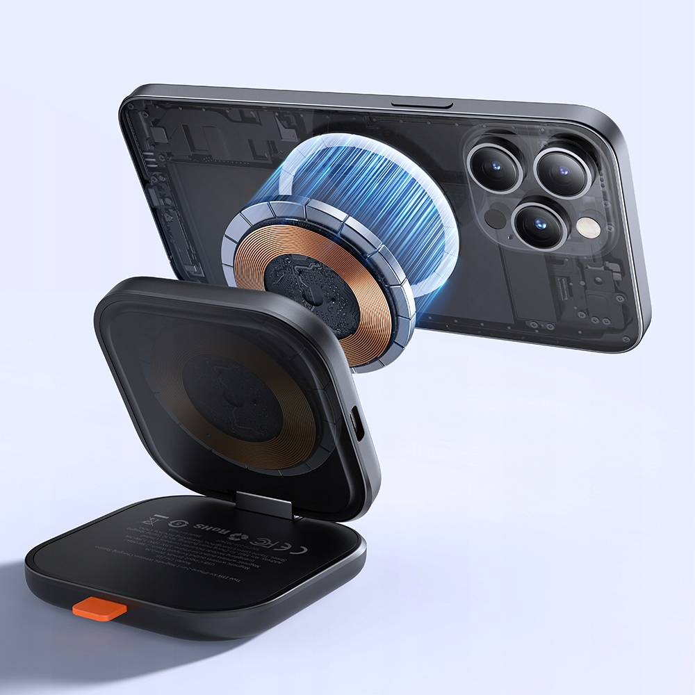 Un caricatore wireless magnetico si aggancia al retro di uno smartphone, illustrato con flussi di energia.