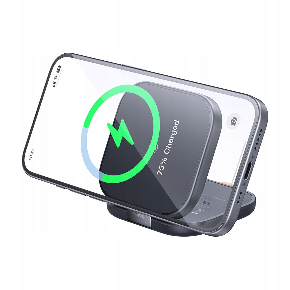 Uno smartphone si ricarica in modalità wireless su un supporto con icona a fulmine verde e 75% Charged.