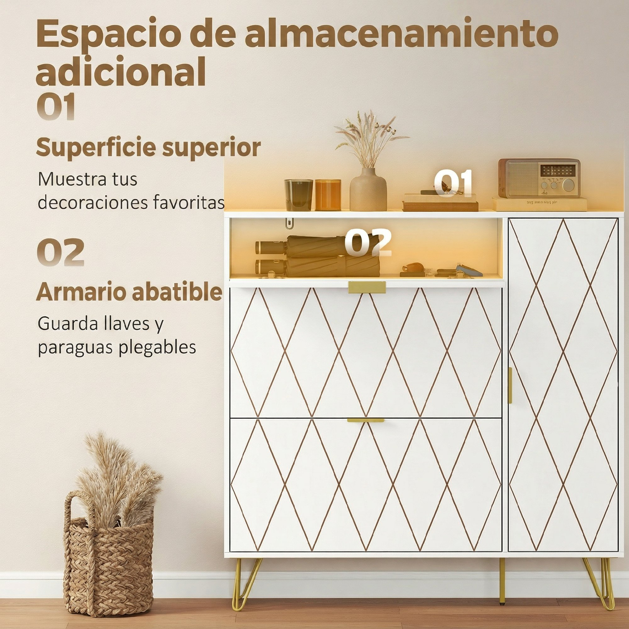 Un armario blanco con patrón de rombos, estante iluminado, decoración arriba y un cesto al lado.