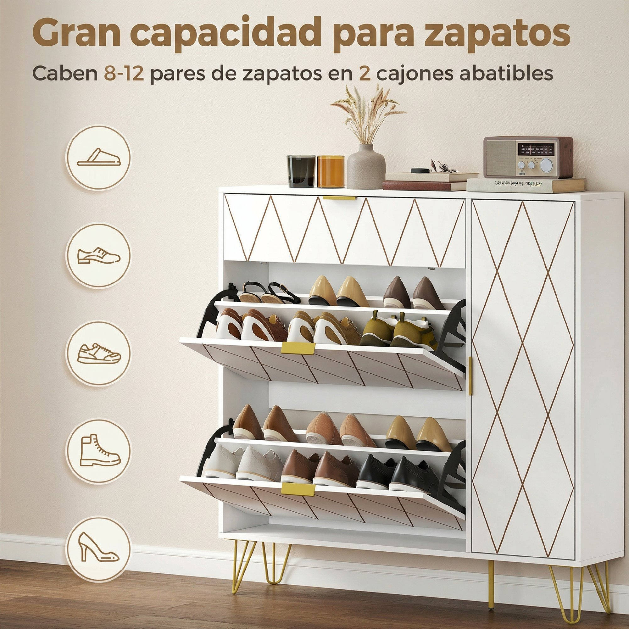 Zapatero blanco con patrón geométrico, patas doradas y zapatos guardados en cajones abatibles abiertos.