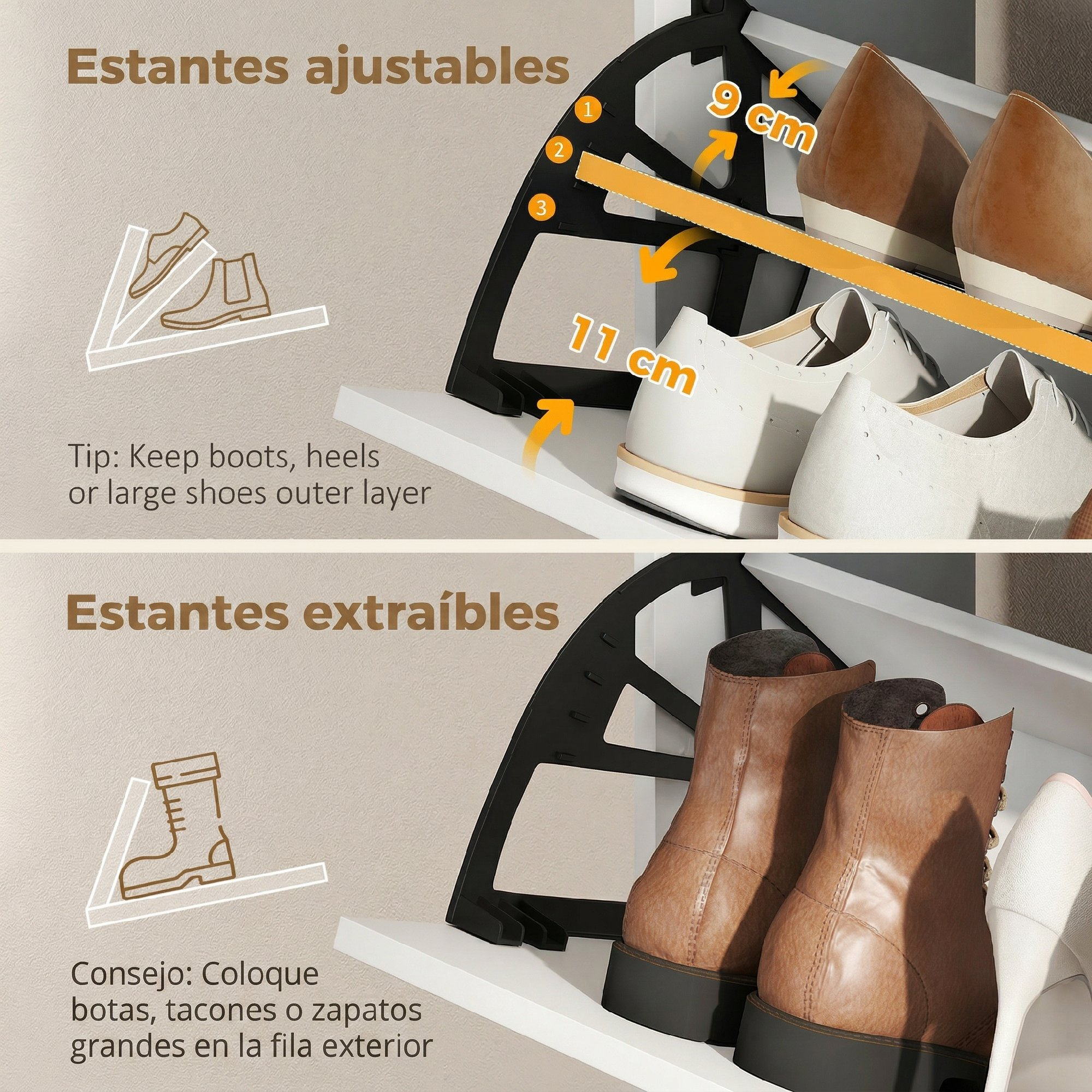 Estantes de zapatero ajustables y extraíbles con ejemplos de almacenamiento de zapatos.