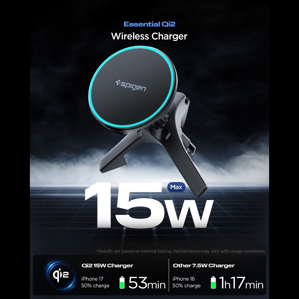 Caricatore wireless Qi2 da 15W nero con anello LED blu e supporto su sfondo scuro.