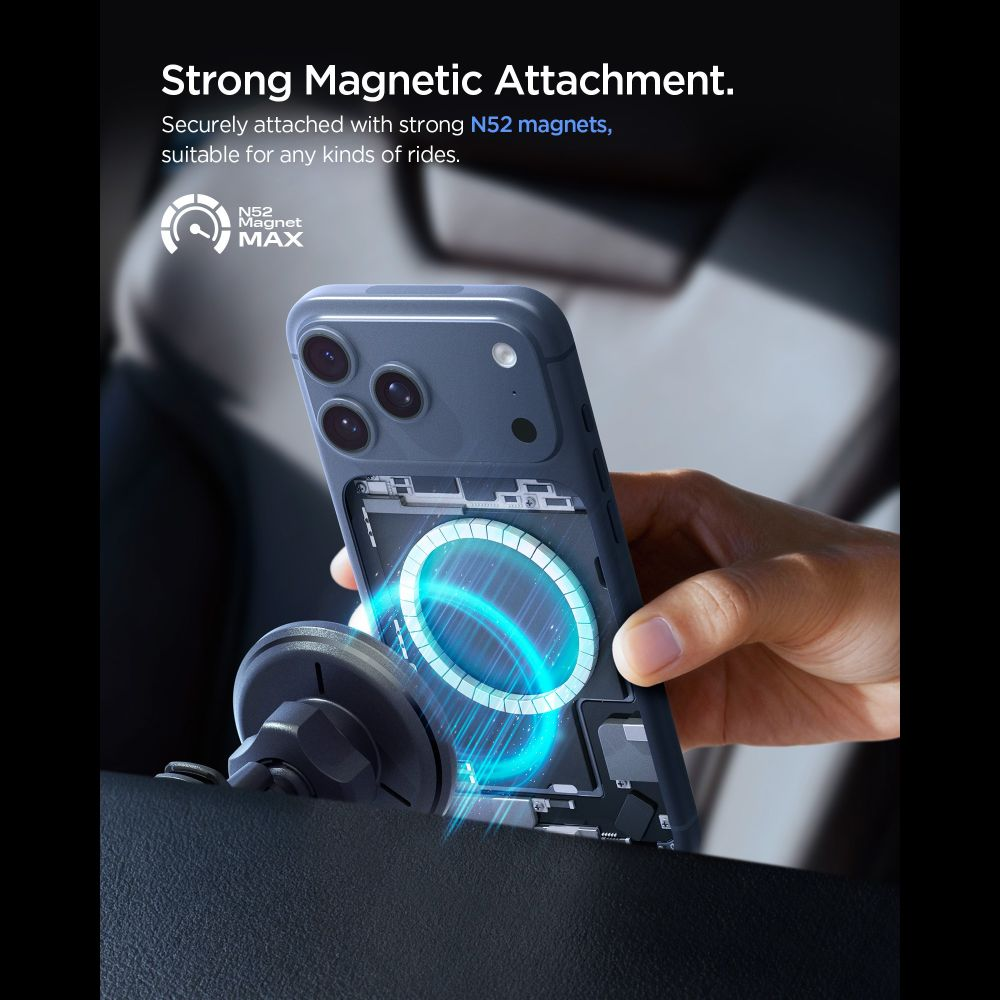Una mano fissa una custodia con anello magnetico luminoso a un supporto per auto.