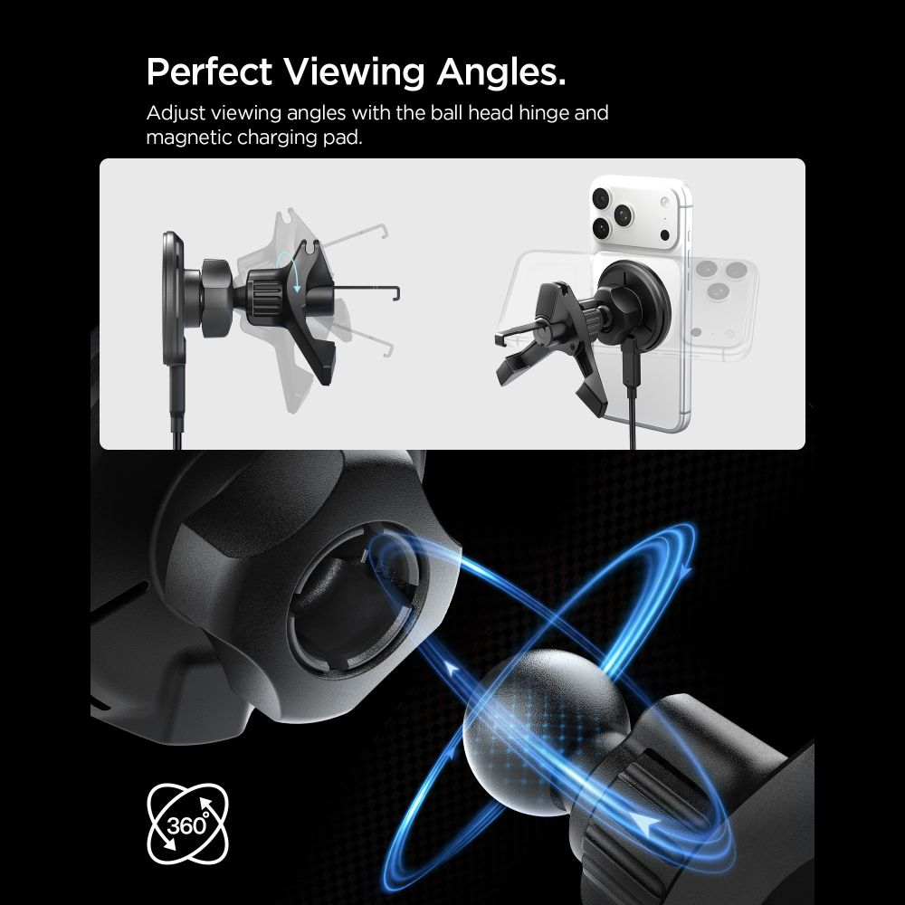 Supporto per auto magnetico con testa a sfera per rotazione a 360 gradi e angoli regolabili.