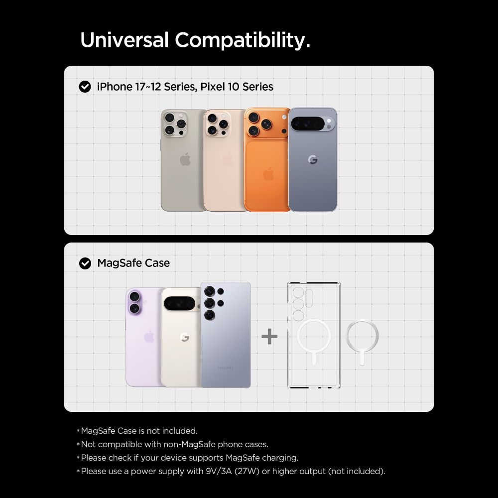 Compatibilità universale con iPhone e Pixel, con supporto per custodia MagSafe su sfondo nero.