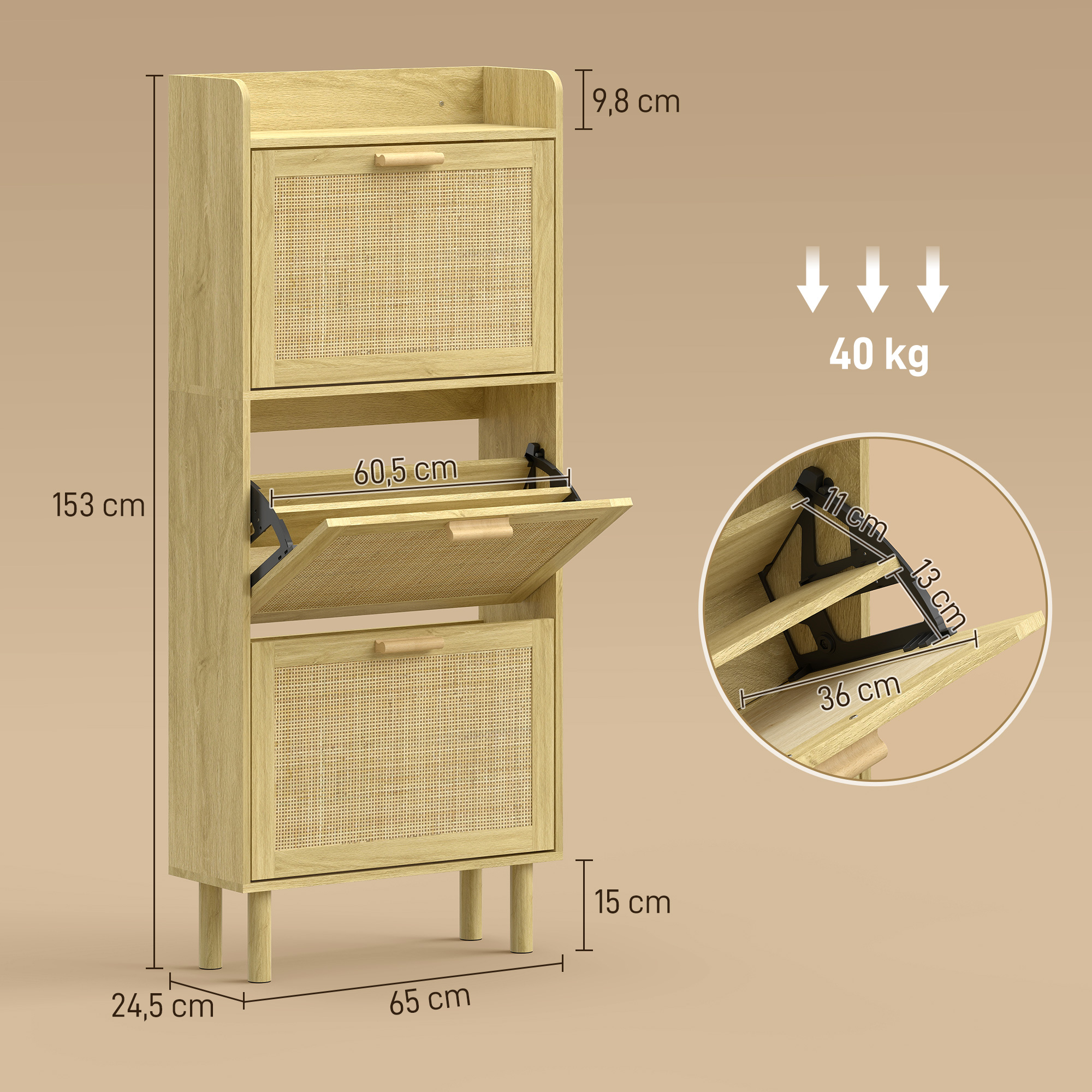 Zapatero de color madera con tres cajones abatibles y medidas detalladas sobre fondo beige.