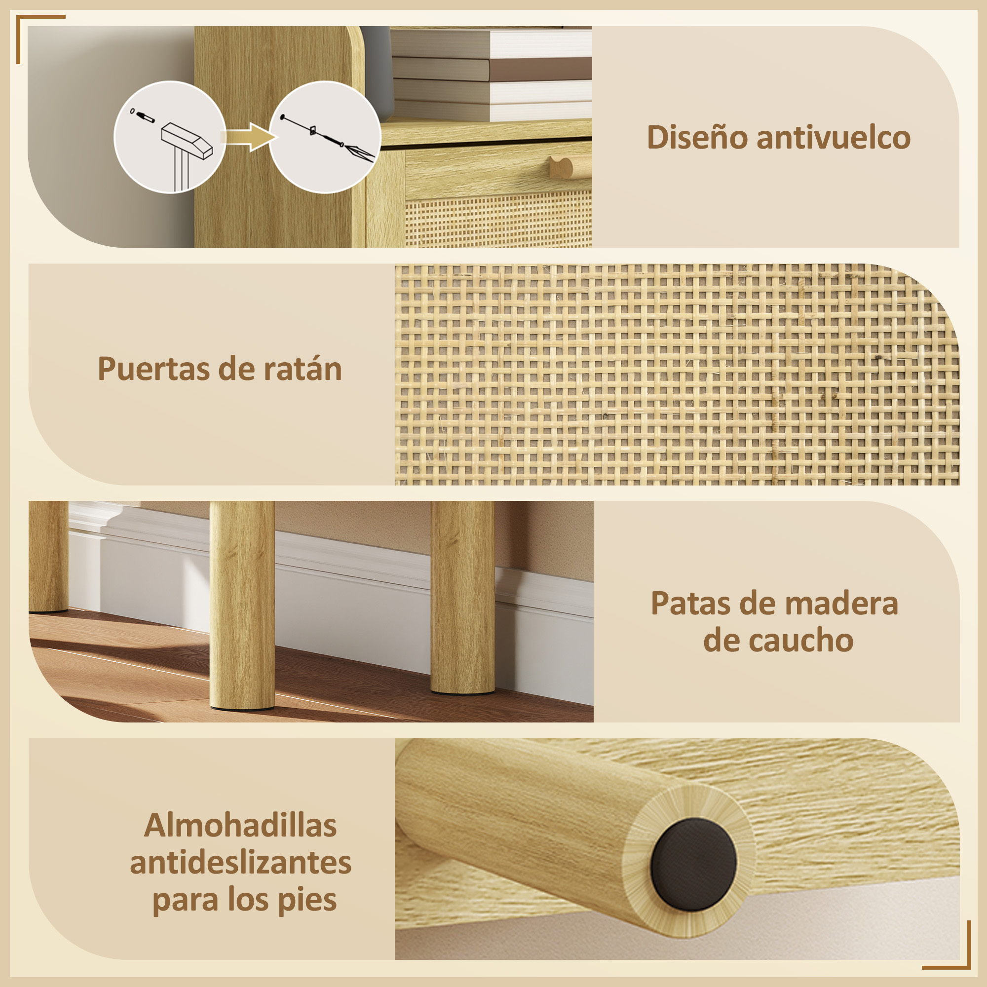 Características: diseño antivuelco, puertas de ratán, patas de madera y almohadillas antideslizantes.