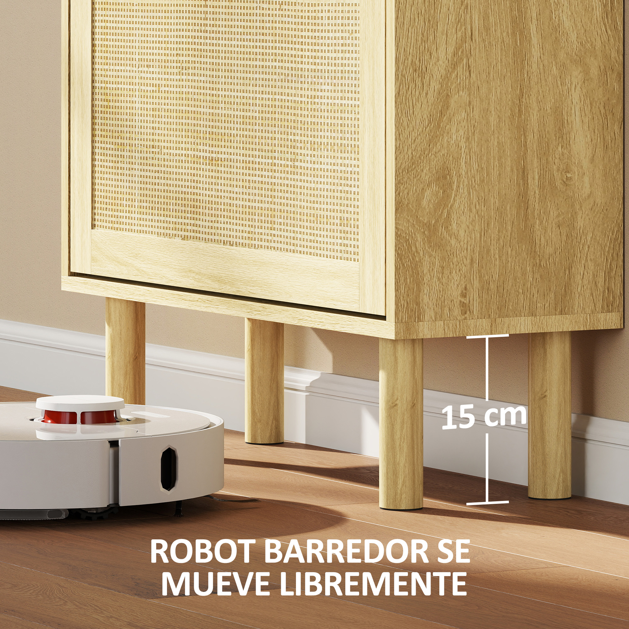Un robot aspirador limpia el suelo de madera bajo un mueble claro con patas de 15 cm.