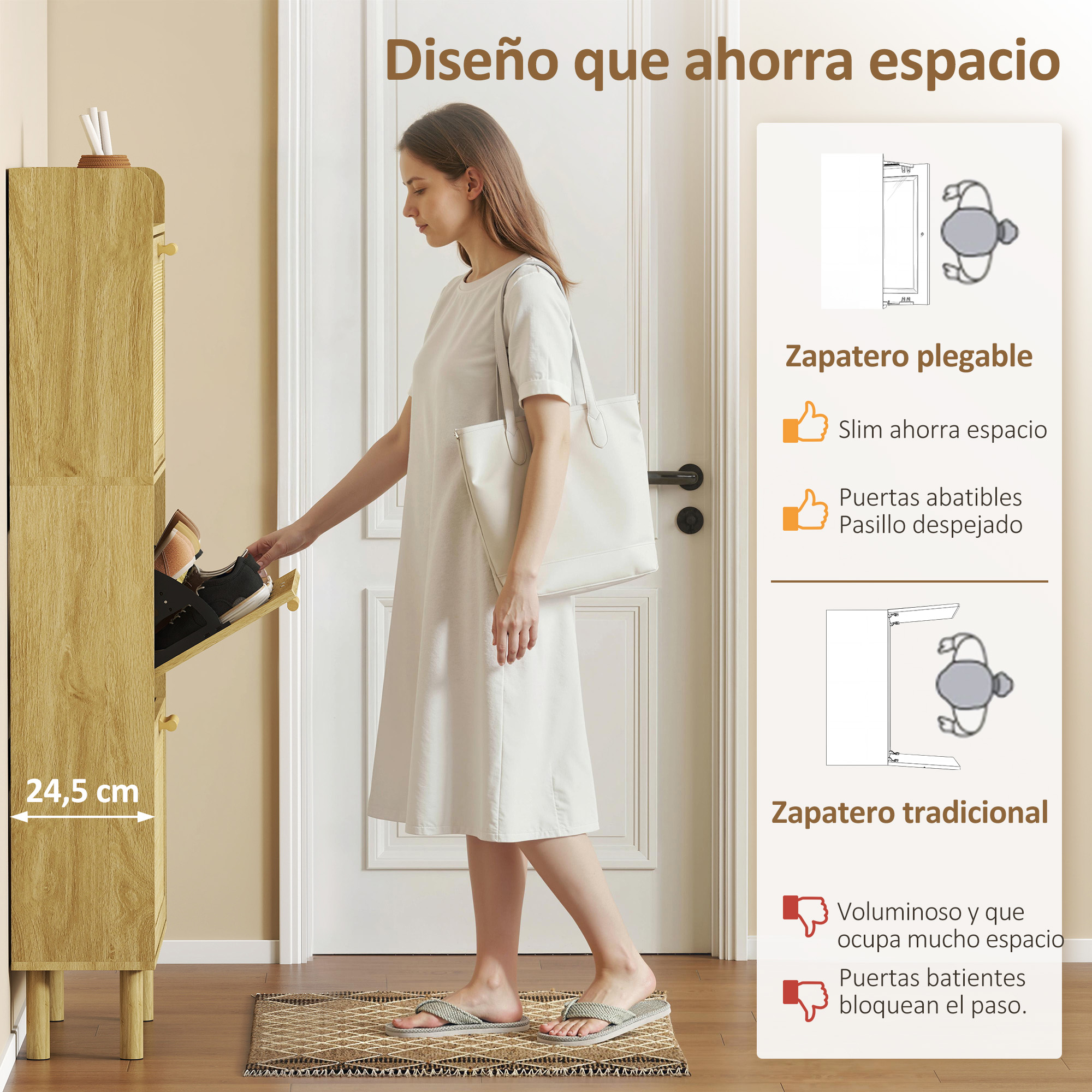 Una mujer de blanco guarda zapatos en un zapatero de madera estrecho.
