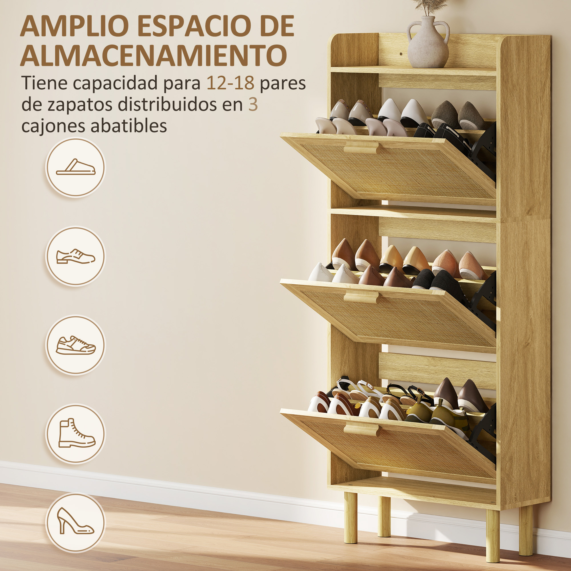 Un zapatero de madera con tres compartimentos abatibles y varios zapatos.