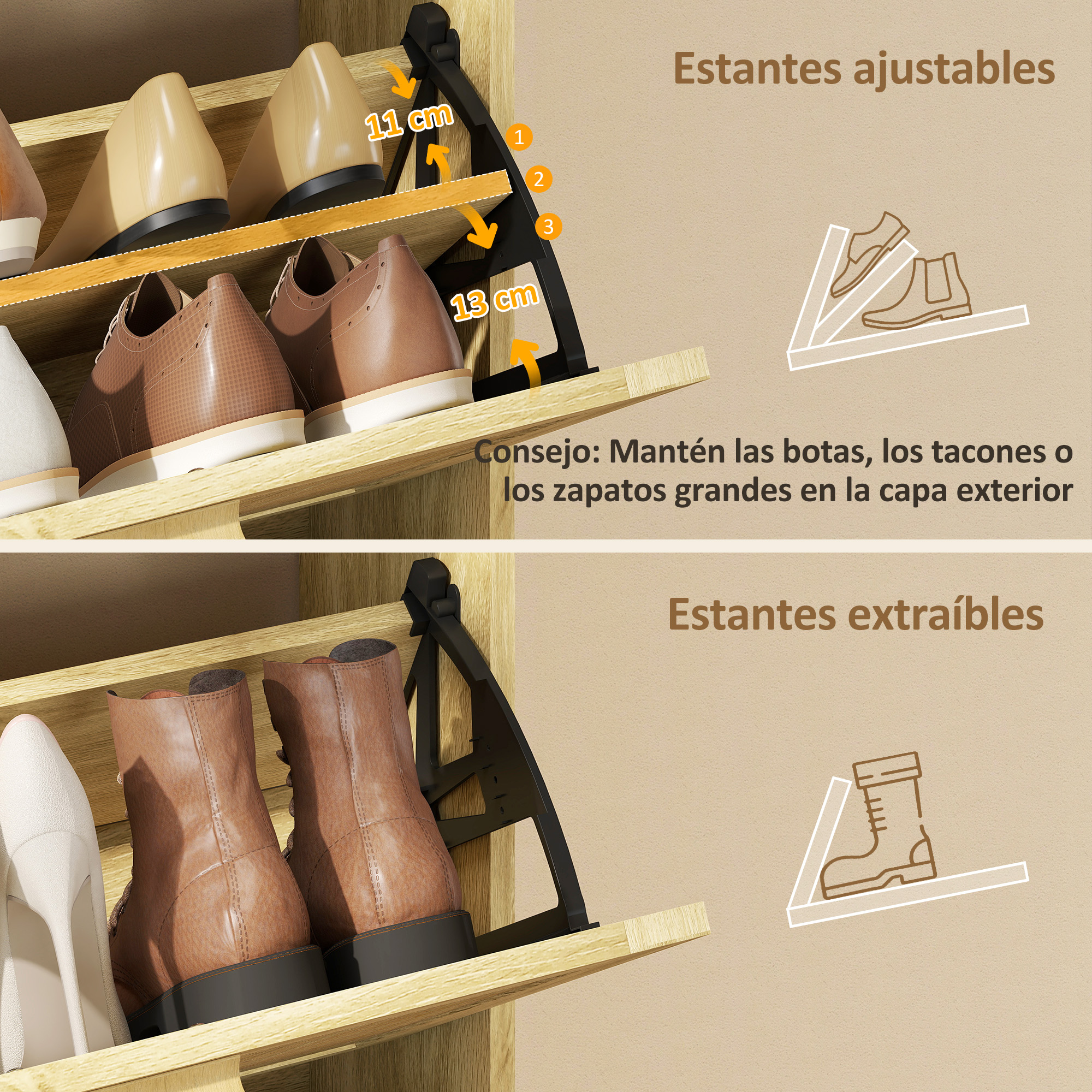 Estantes ajustables mostrando alturas de zapatos con iconos.