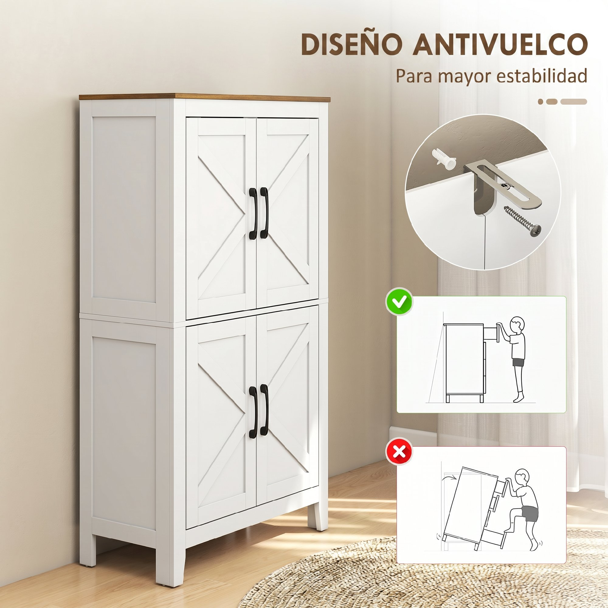Gabinete blanco con diseño antivuelco, mostrando diagramas de instalación.