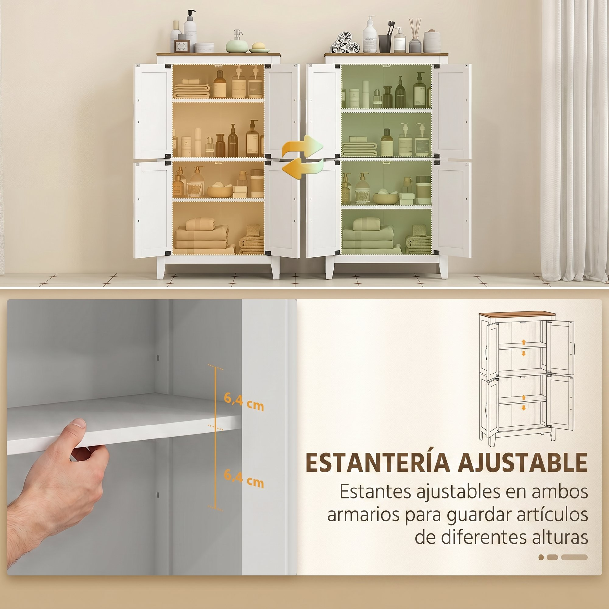 Dos armarios blancos con estantes ajustables para artículos de baño.