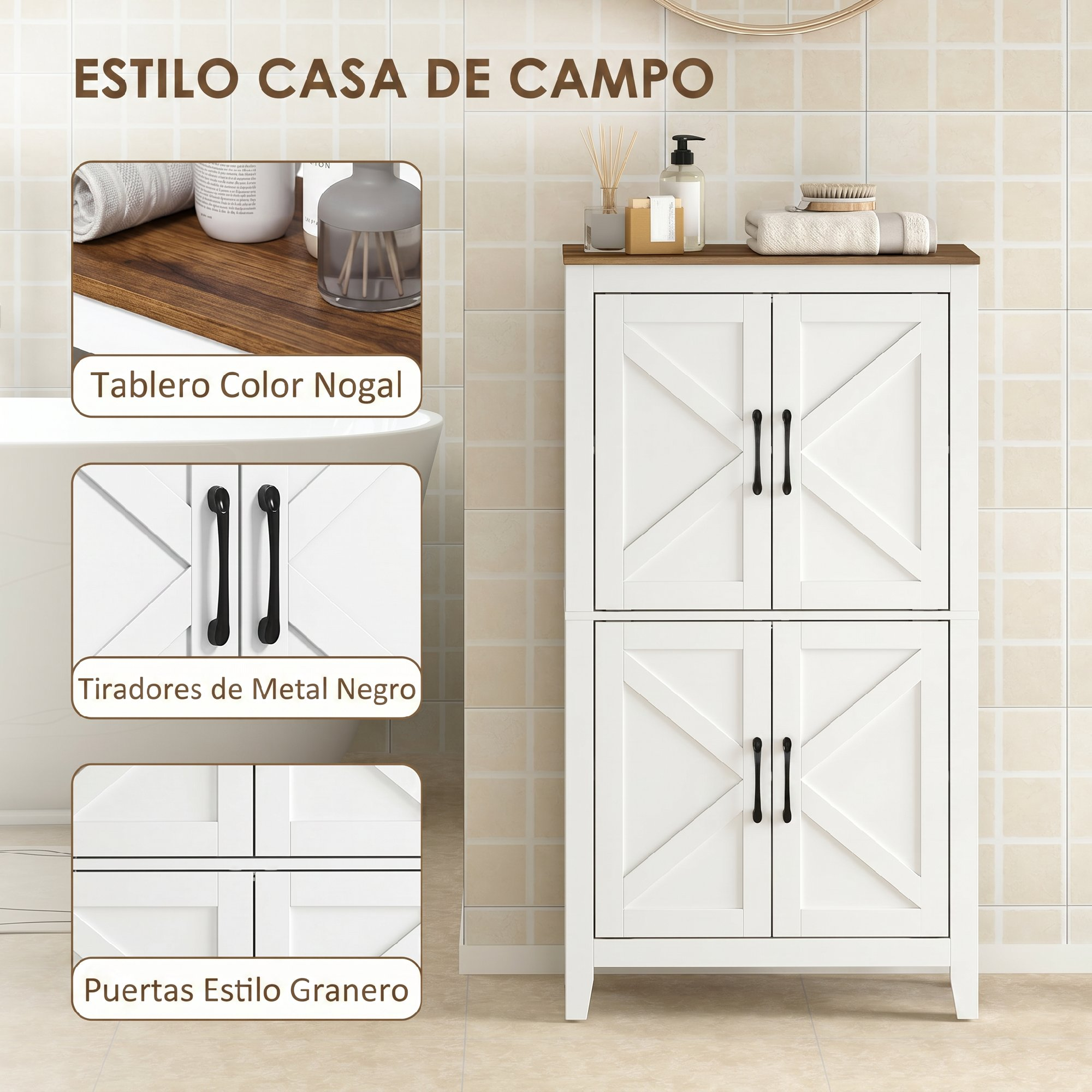 Un armario de baño blanco con tablero de nogal, puertas en X, tiradores negros y tres detalles.