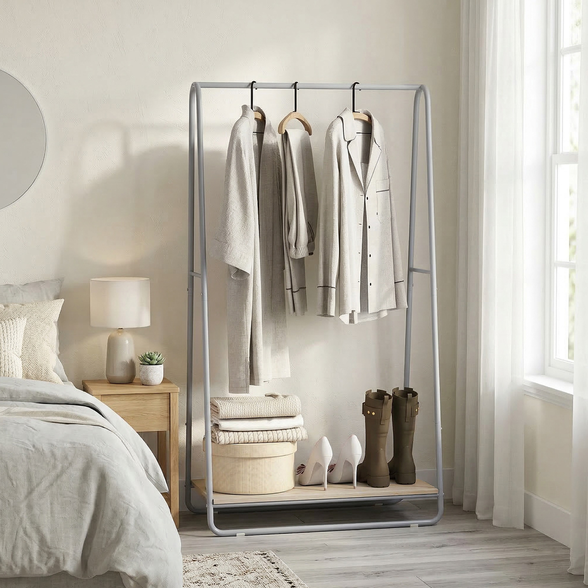 Un perchero gris con ropa, zapatos y una caja de sombreros en un dormitorio.