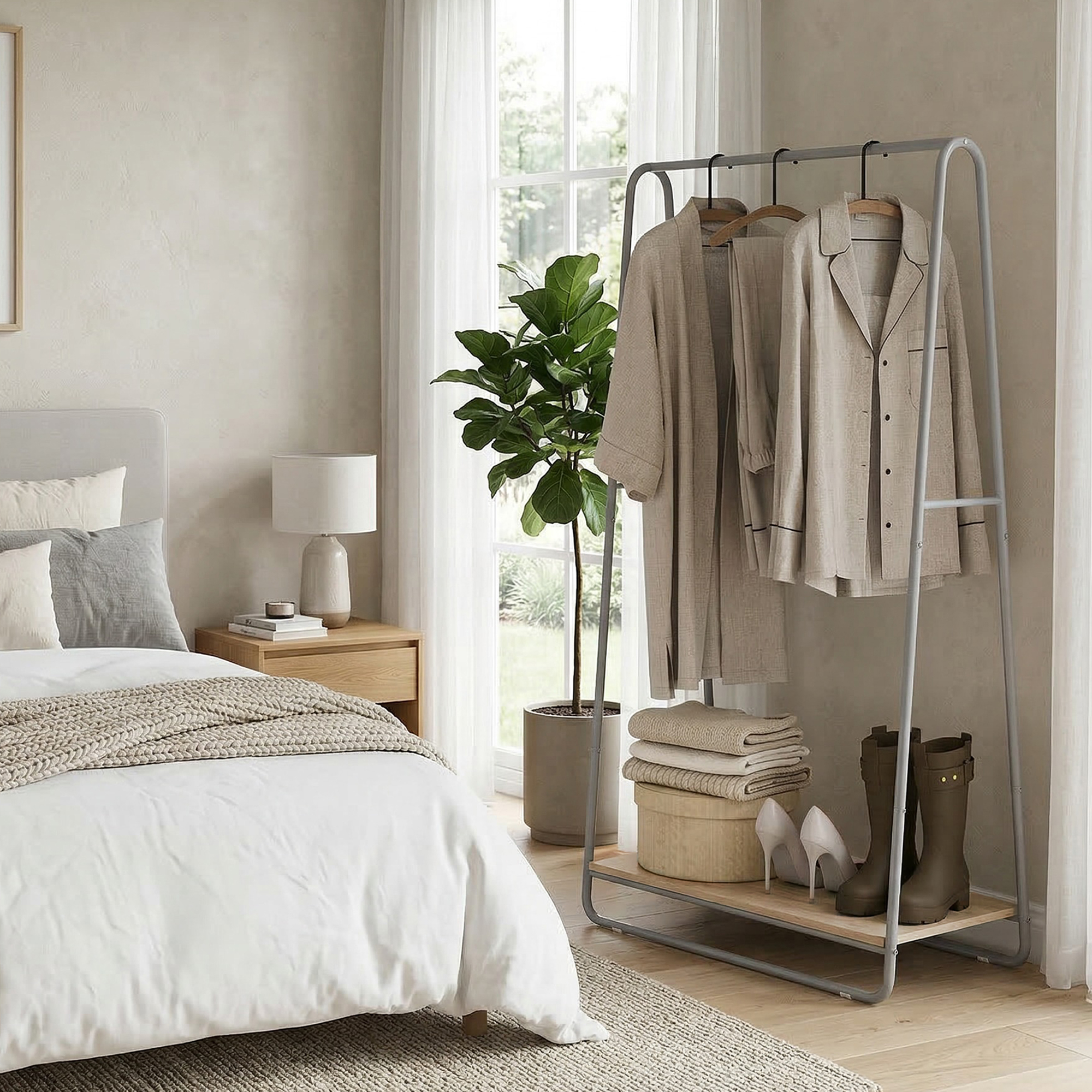 Un perchero metálico con ropa beis, zapatos y cajas en un dormitorio luminoso junto a una cama.
