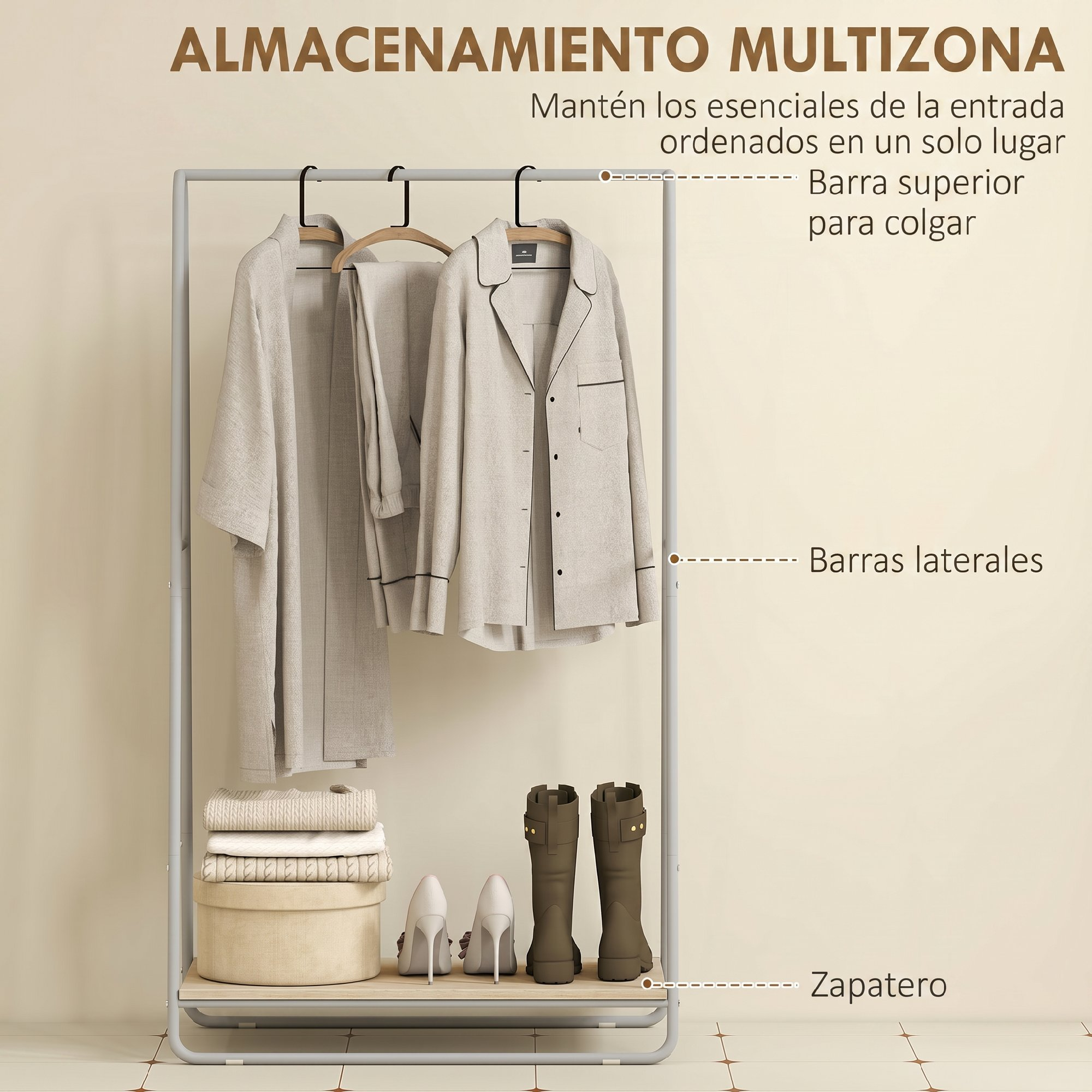 Burro de ropa con prendas claras, suéteres doblados, zapatos y botas, con etiquetas de texto en español.