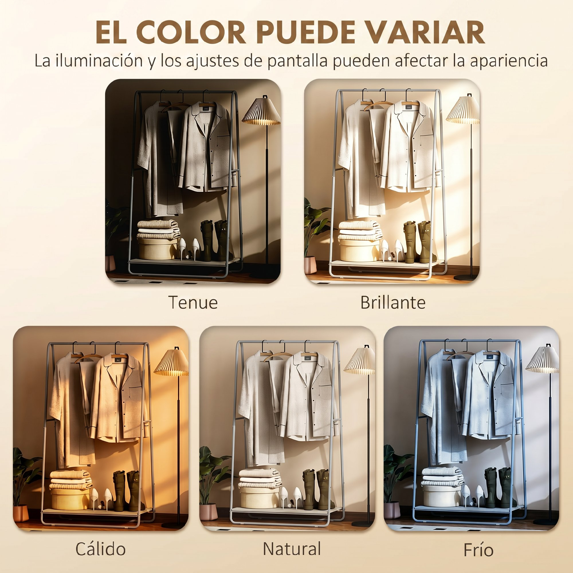 Comparación de percheros bajo diferentes condiciones de iluminación: tenue, brillante, cálida, natural y fría.