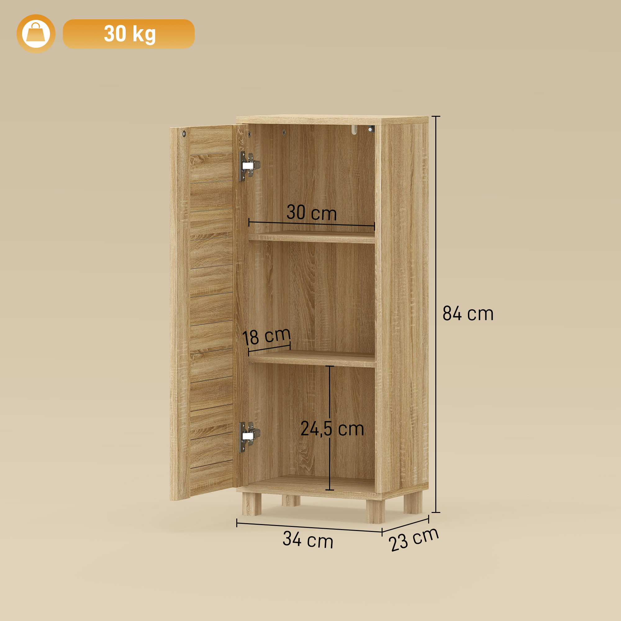 Pequeño armario de madera con estantes abiertos y medidas.