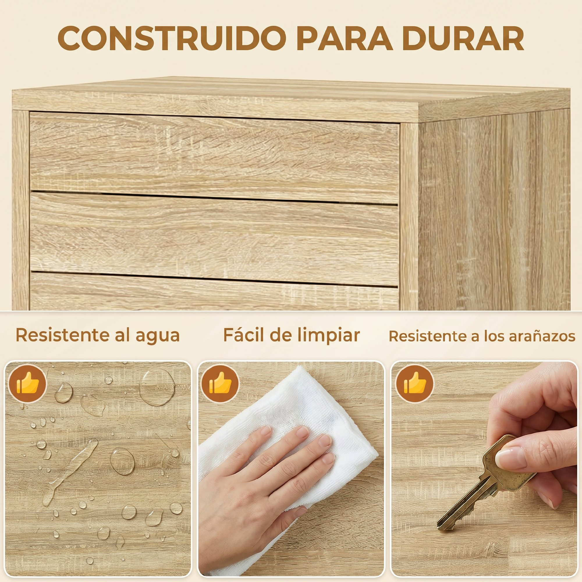 Gabinete de madera clara con características resistentes al agua, fácil limpieza y antirrayas en tres imágenes.