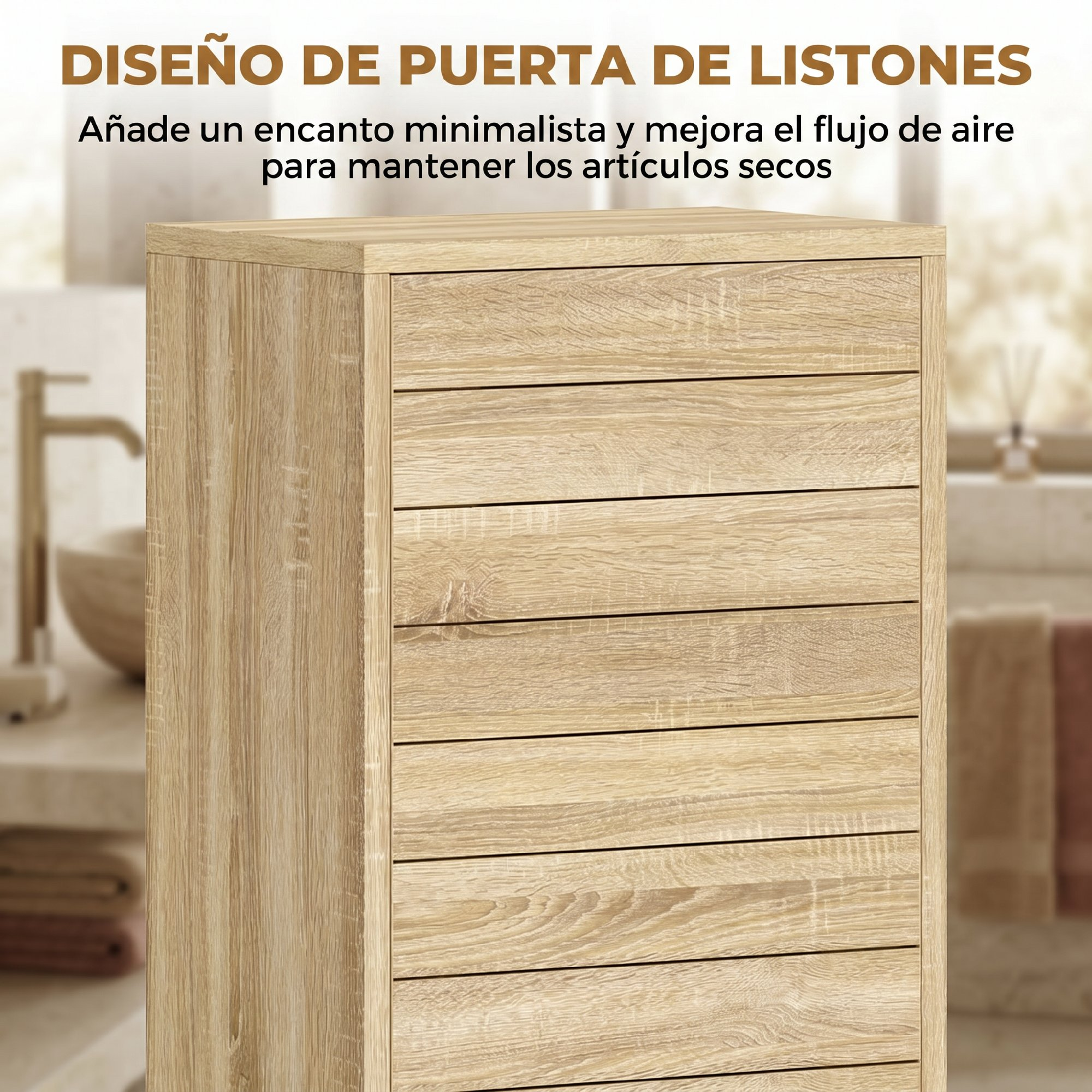 Un armario de madera clara con frentes de puerta de listones en un baño moderno.
