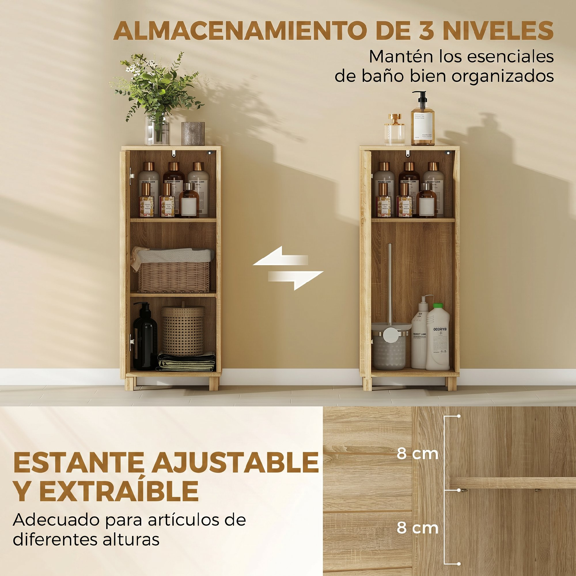 Dos armarios de baño de madera con estantes ajustables y artículos de aseo.