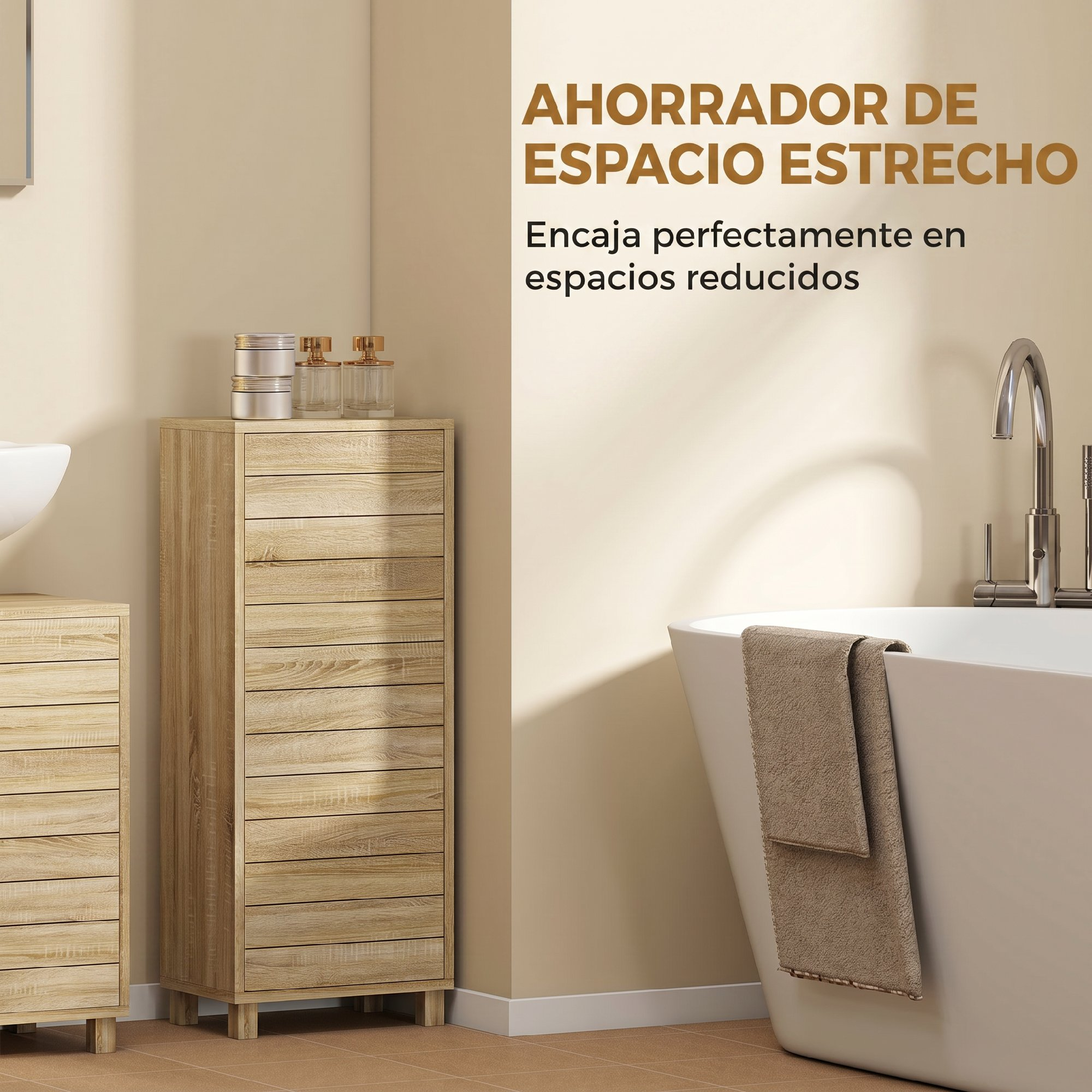 Mueble estrecho de madera en baño luminoso junto a bañera con toalla.