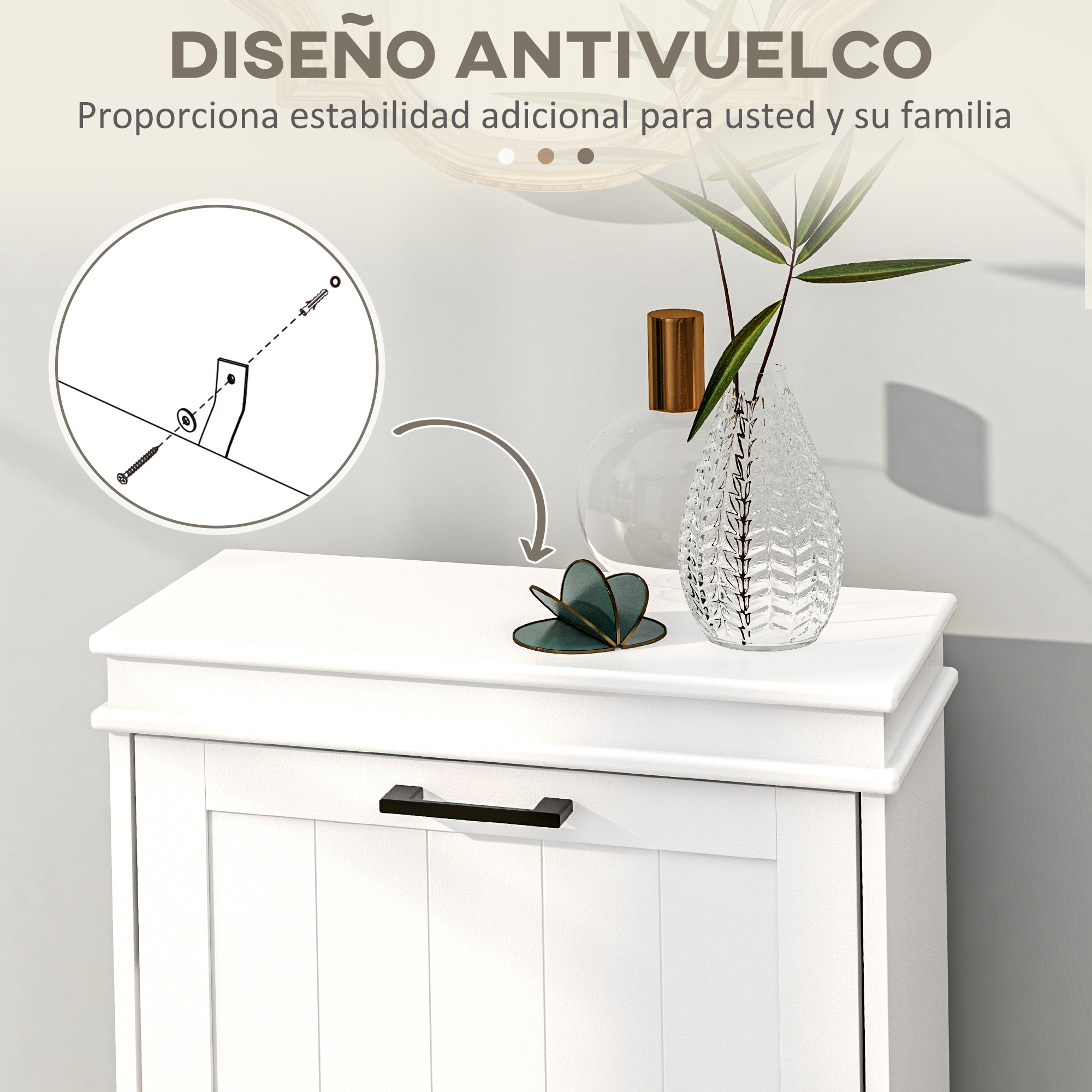 El diagrama muestra un dispositivo antivuelco para un mueble blanco.