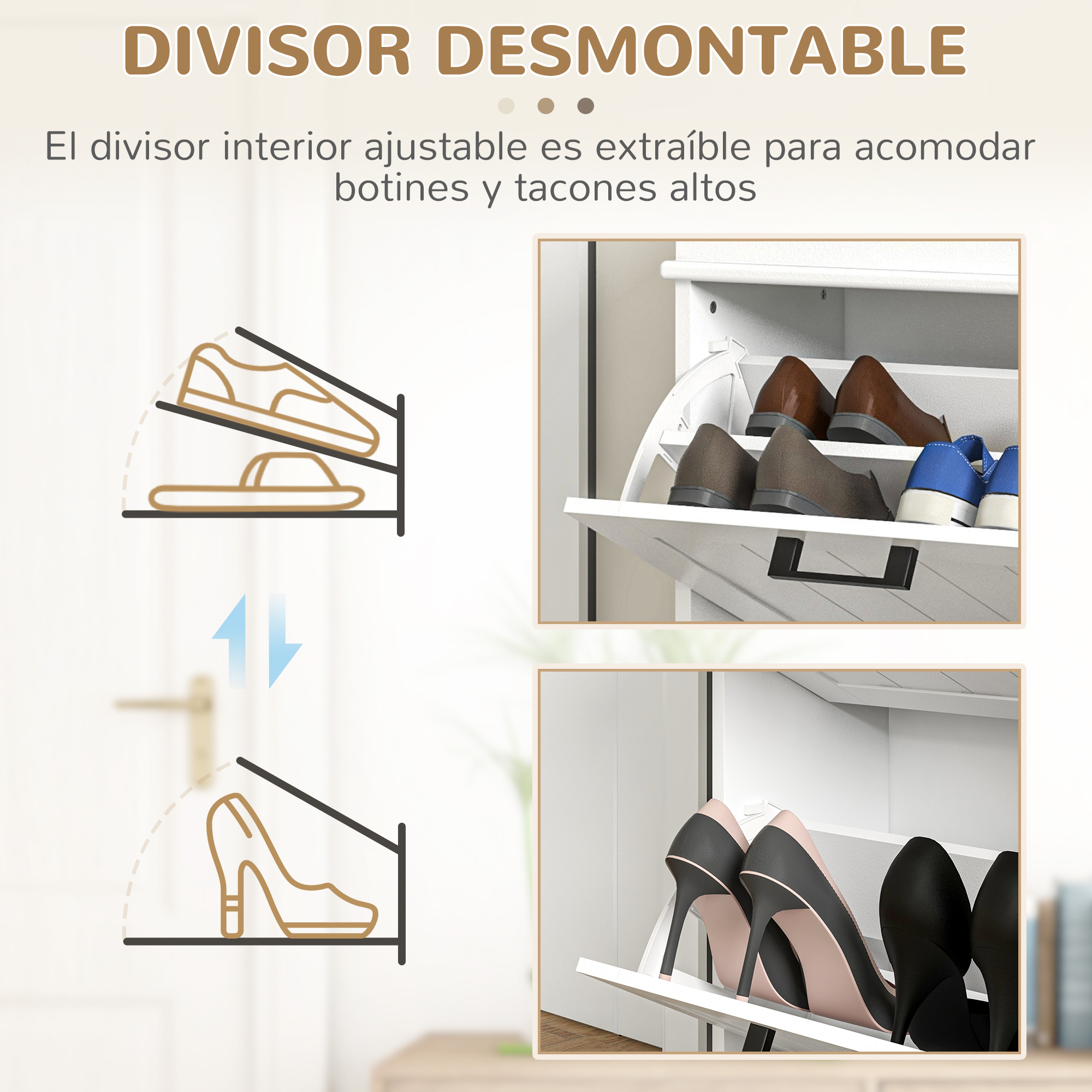Infografía que muestra un zapatero con divisores extraíbles para zapatos planos y tacones.