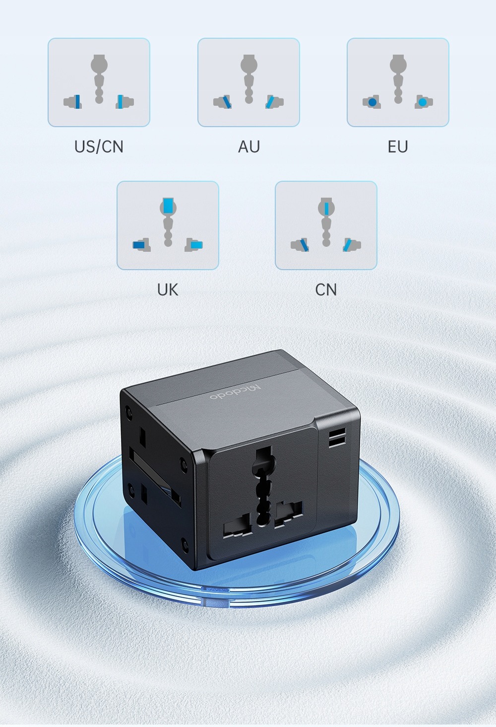 Un adattatore da viaggio nero poggia su una base blu, circondato da icone per spine US/CN, AU, EU, UK e CN.
