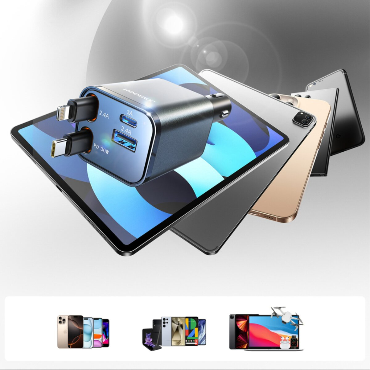 Un caricabatterie per auto multiporta poggia su un tablet, con altri tablet e smartphone dietro.