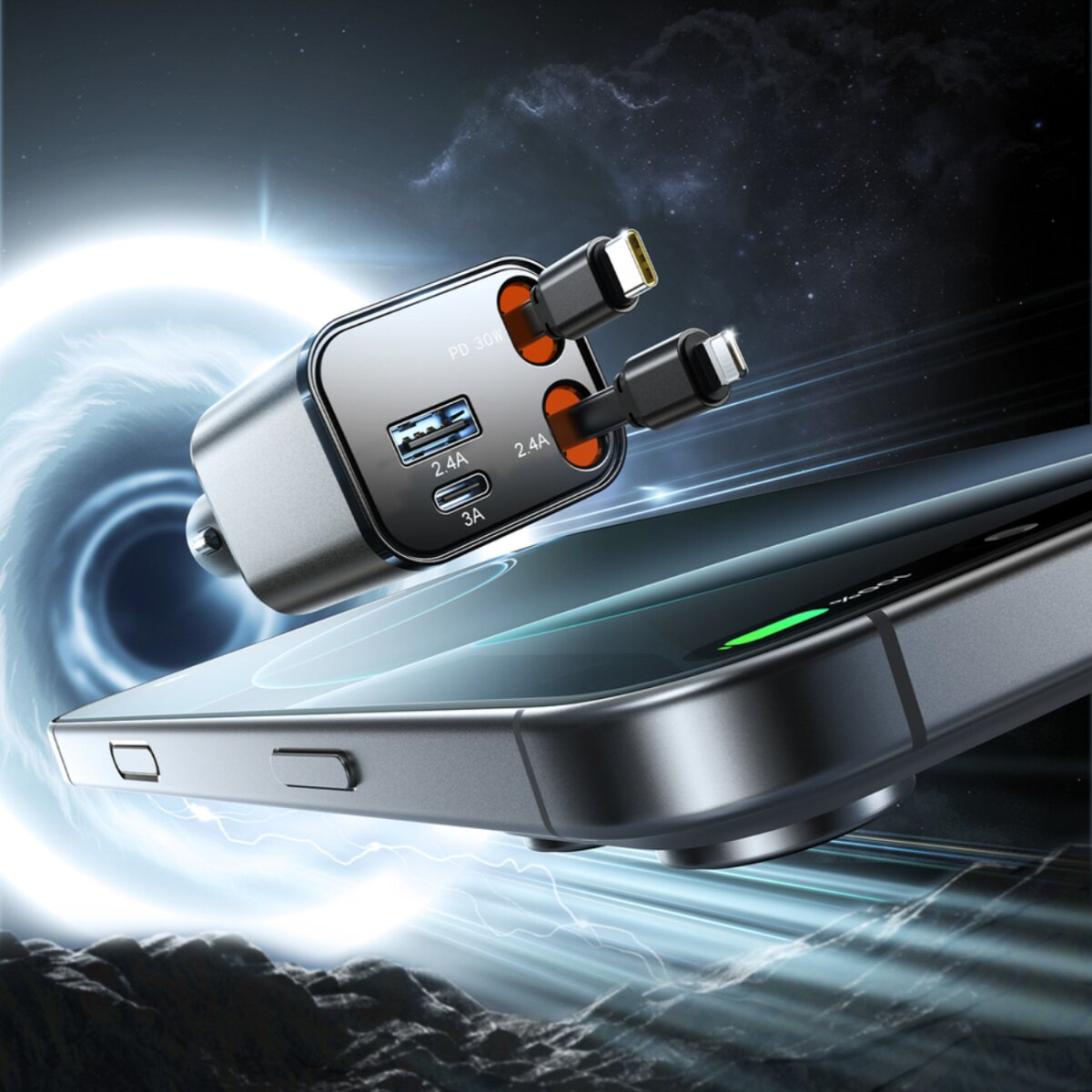 Un caricatore per auto multi-porta con cavi fluttuanti sopra uno smartphone su sfondo cosmico.