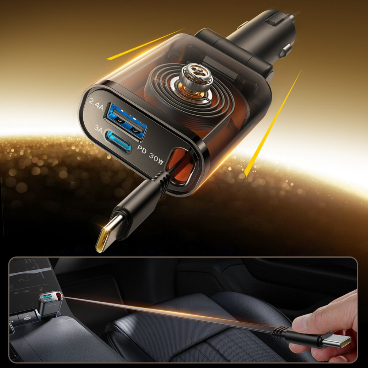 Caricabatterie per auto trasparente con porte USB e Type-C e un cavo integrato all'interno di un veicolo.