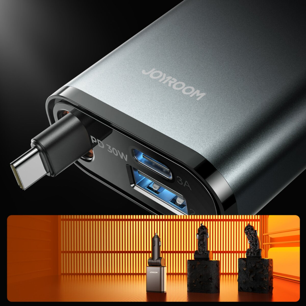 Primo piano di un caricabatterie per auto Joyroom con porte USB e USB-C su sfondo scuro.