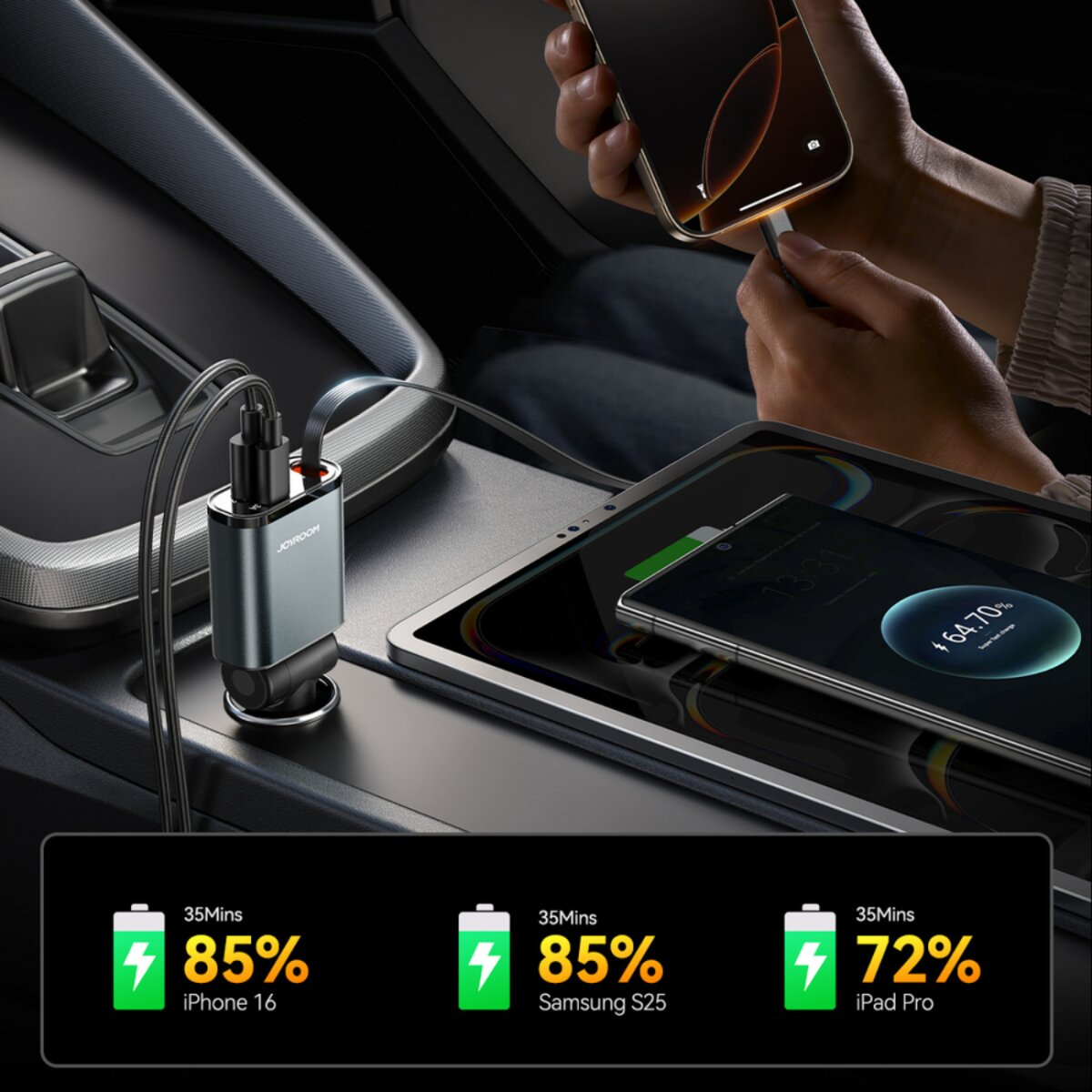 Un caricabatteria per auto nella console centrale ricarica smartphone e tablet.
