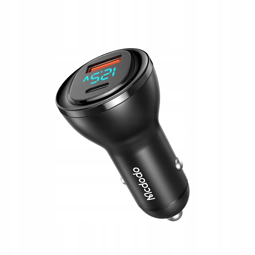 Caricabatterie per auto Mcdodo nero con display digitale della tensione e due porte USB, su sfondo bianco.