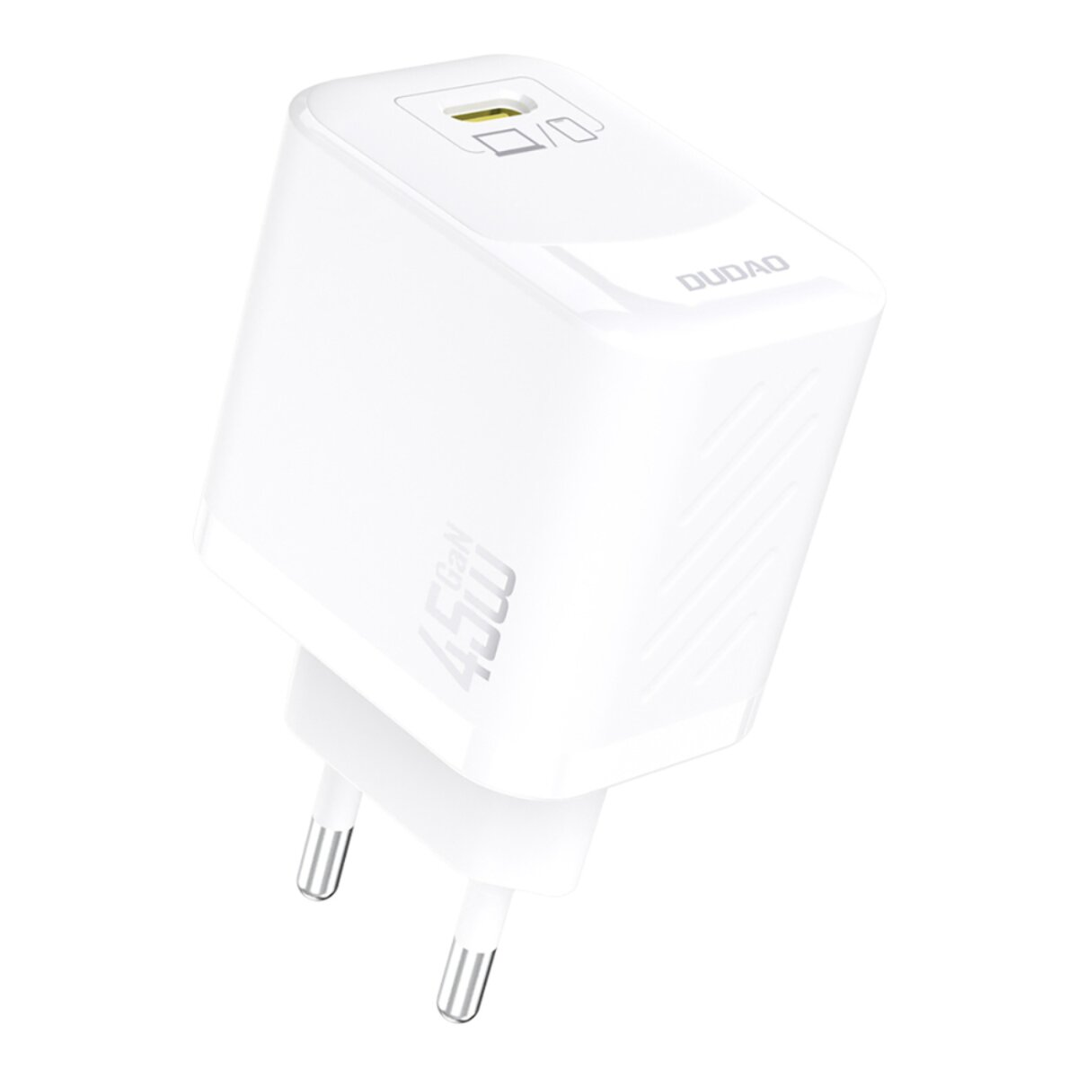 Caricabatterie da muro bianco Dudao 45W GaN con presa EU su sfondo bianco.