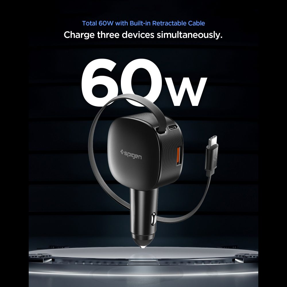 Caricabatterie per auto nero da 60W con cavo retrattile e due porte USB.