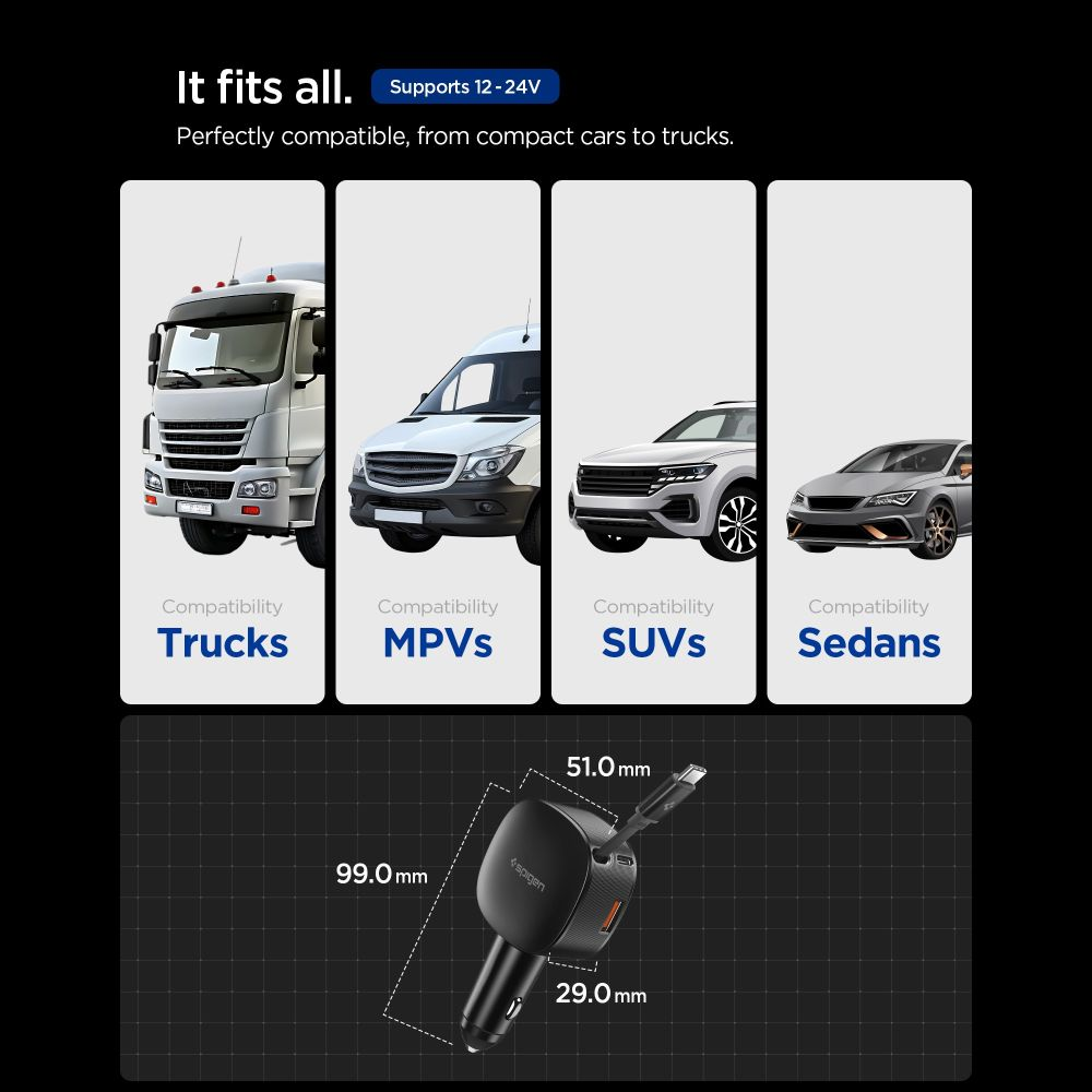 Caricatore per auto compatibile con camion, monovolume, SUV e berline, dimensioni 99x51x29mm.