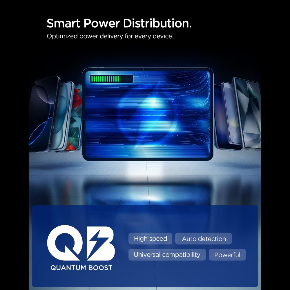 Banner distribuzione di energia intelligente con tablet, smartphone e logo.