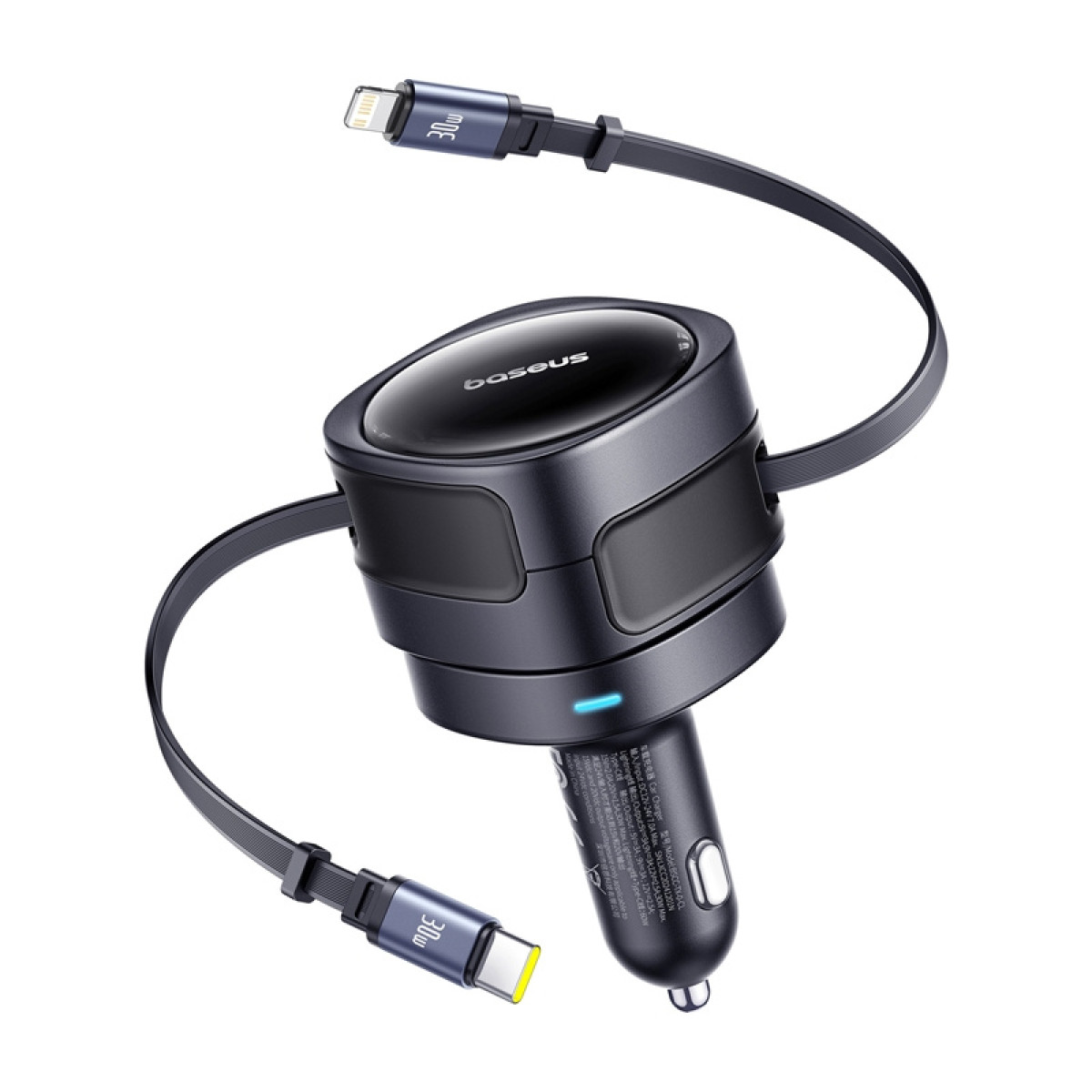 Un caricabatterie per auto Baseus nero con due cavi retrattili e connettori da 30W.